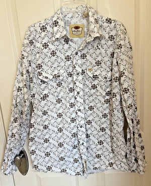 LARRY MAHAN Men's Cowboy Rodeo Western Pearl Snap Print Dress Shirt Sz XL